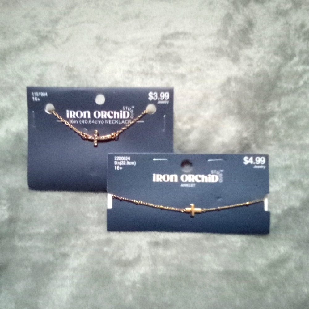📿 Iron Orchid Gold Cross Necklace & Anklet Bundle Cubic Zirconia Stones Jewelry